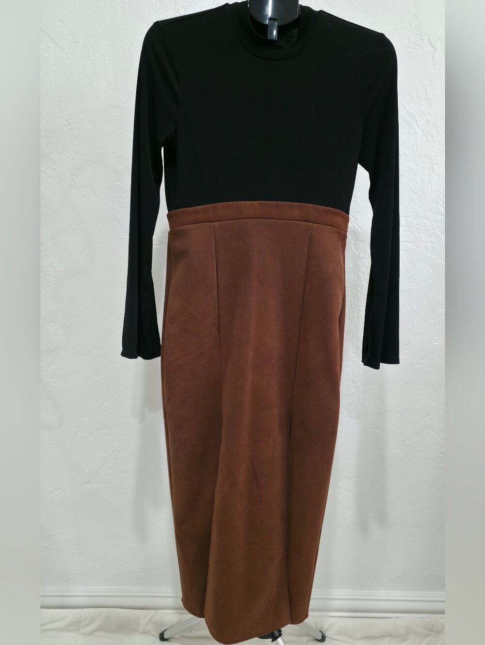 BCBGeneration Black Top with Brown Faux-Suede Pencil Skirt